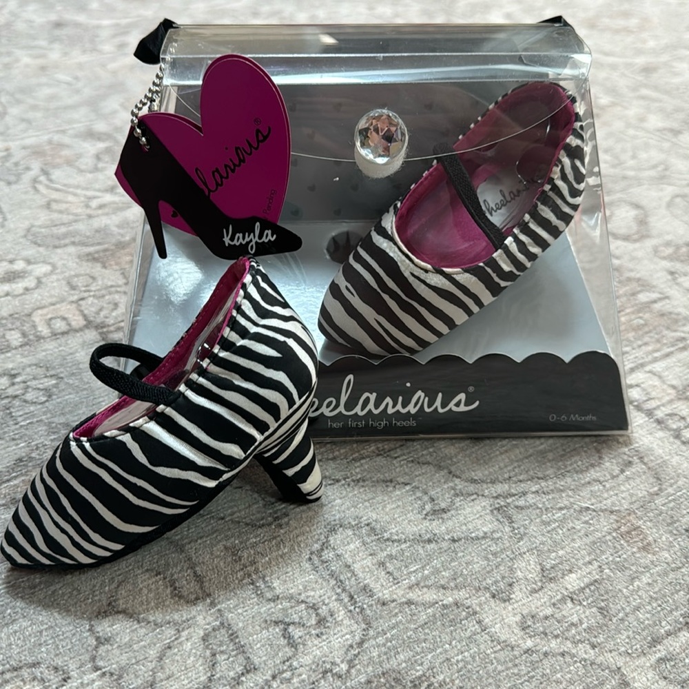 New - “Heelarious, Her First High Heels” Zebra print Kayla - Baby 0-6 Months
